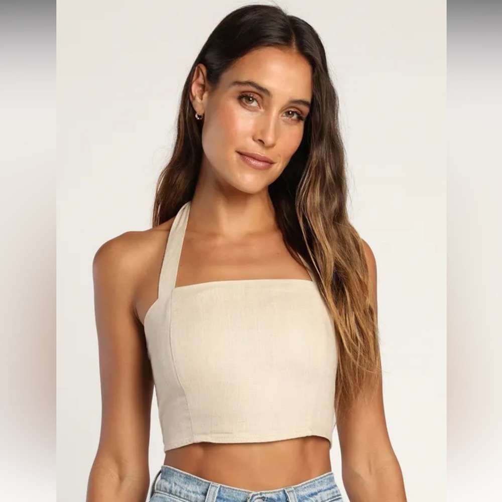 Lulus Double Digits Beige Linen Halter Crop Top